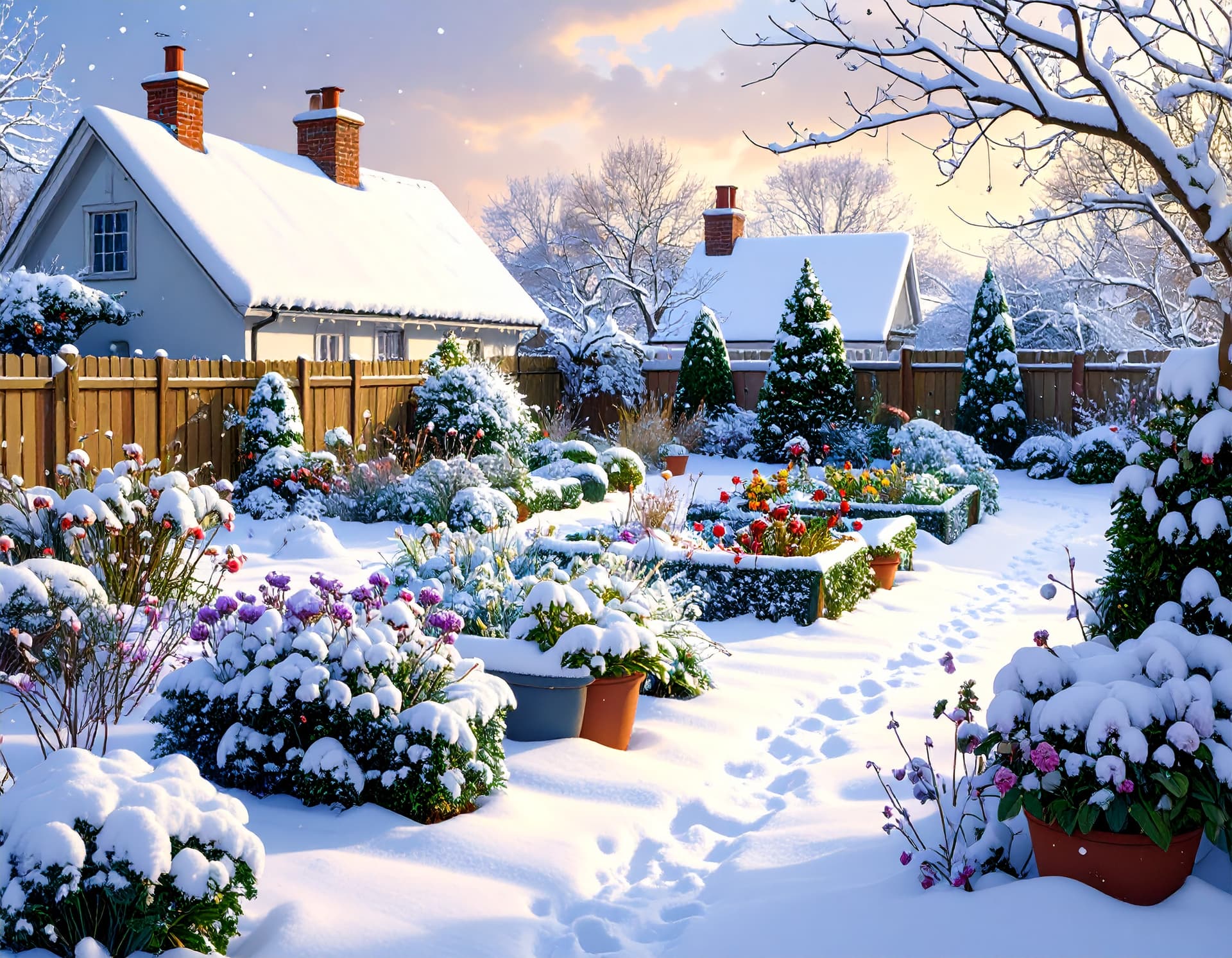 Winterruhe im Garten: Schnee bedeckte Beete