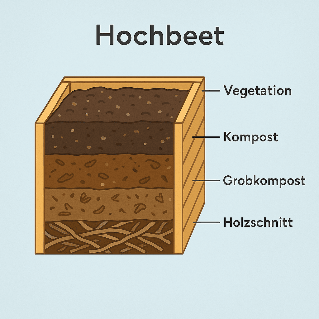 Schema des Schichtenaufbaus eines Hochbeets