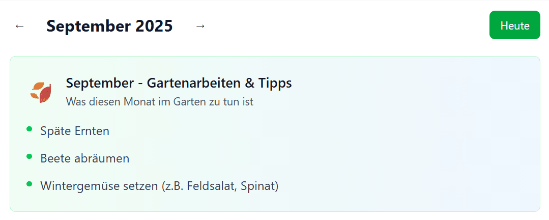 Übersicht der monatlichen Gartenaufgaben in der App