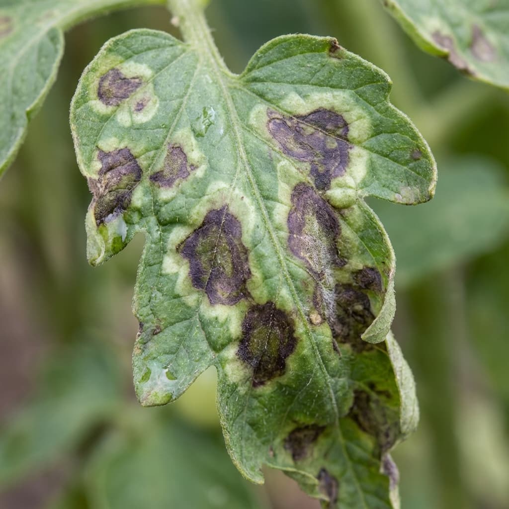 Kraut- und Braunfäule an einem Tomatenblatt
