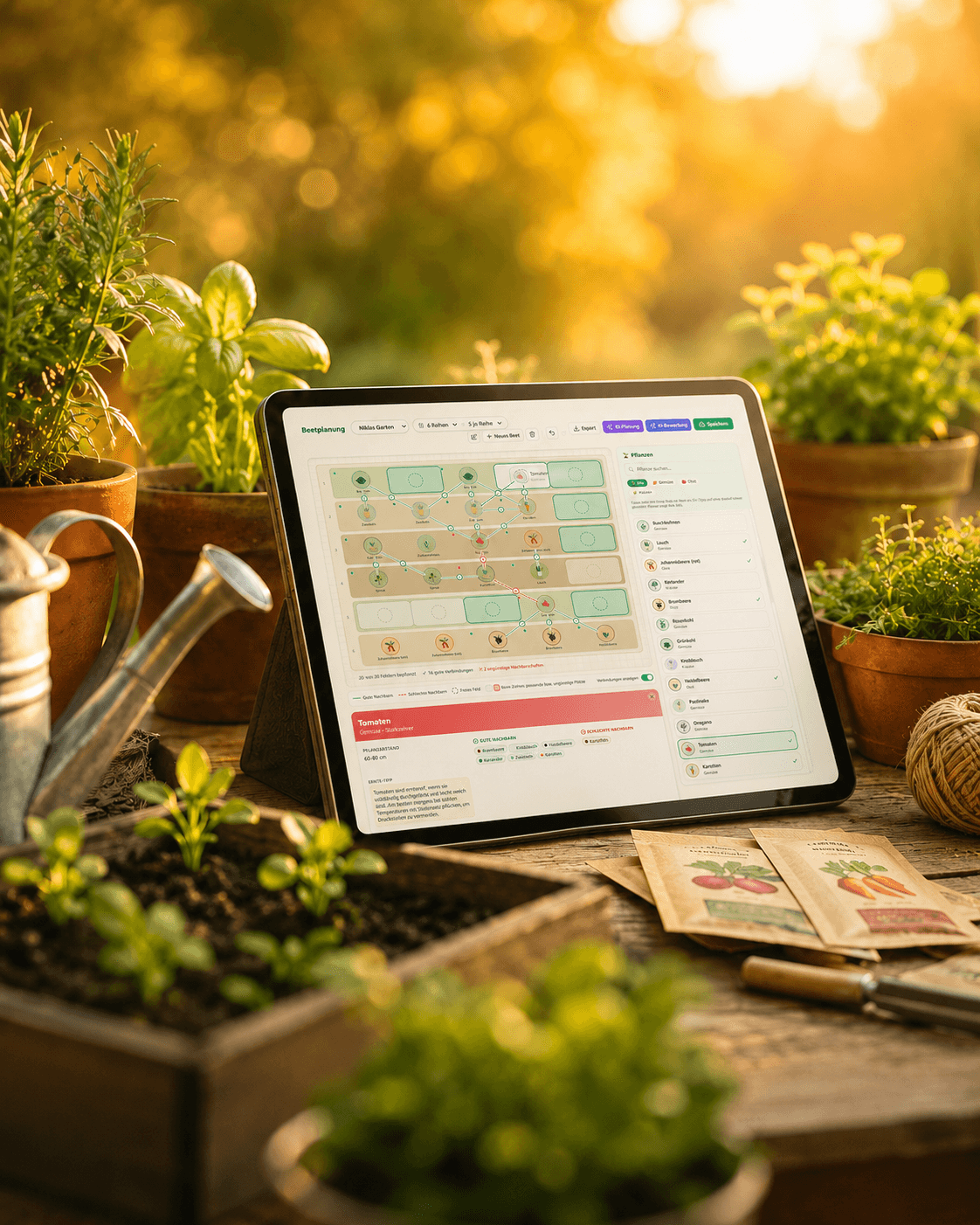 Beetplanung auf einem Tablet mitten im Gemüsegarten